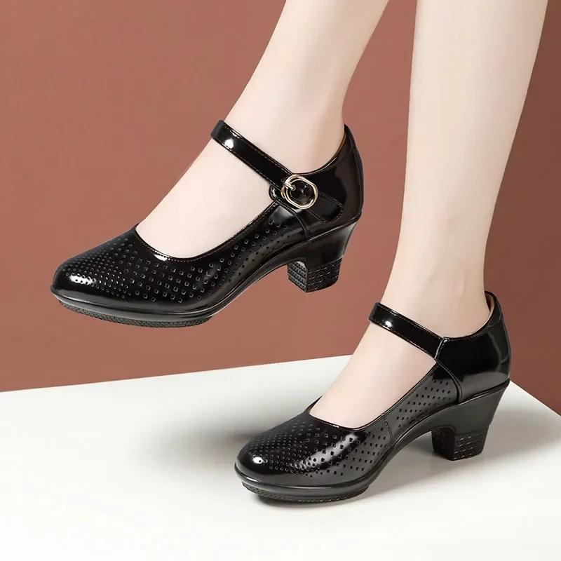 Fashion 5.5cm 7.5cm  Breathable Cutout Block Heels Shoes 2025 Soft Leather Platform Pumps for Mom Dance Model
