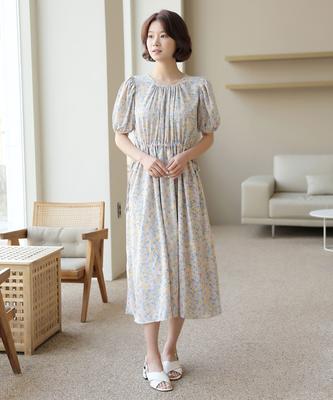 Ppaeppae Flower Shirred Strap Puff Short Sleeve Long Dress