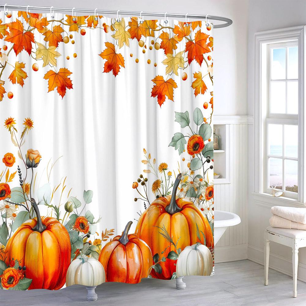 Autumn Watercolour Leaves Pumpkin Shower Curtain Maple Leaves Thanksgiving Gift Polyester Printed Shower Curtains Bathroom Decor