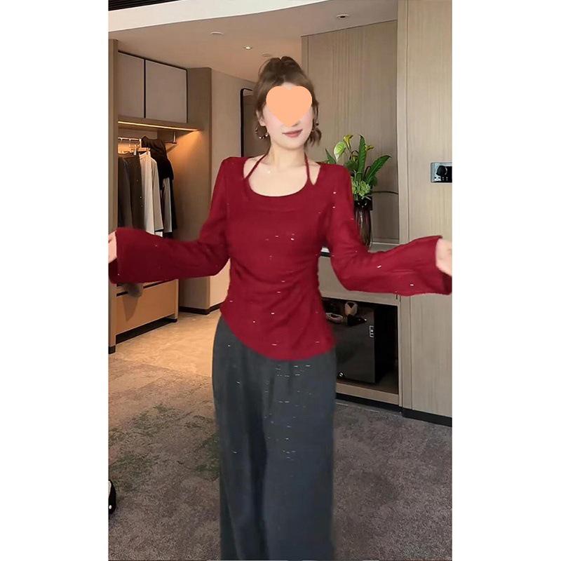 Red Halter Neck Knit Top with Flare Sleeves - Women s 2025 Autumn/Winter Hot Girl Style 2XL