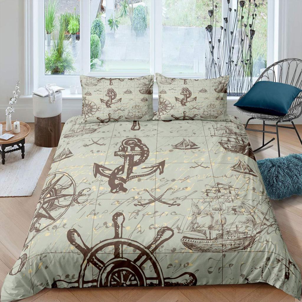 Nautical Anchor Striped Pattern Bedding Cover With Pillowcase Quilt Cover Three-Piece Duvet Cover Set