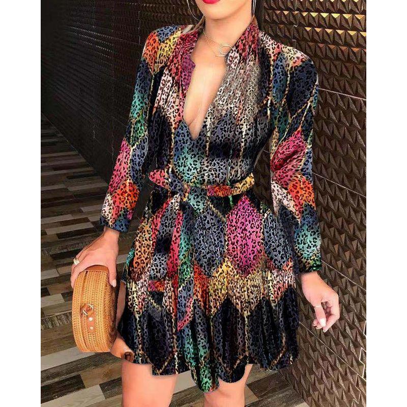 Women's Long Sleeve V-neck Lace up Sexy Print Dress