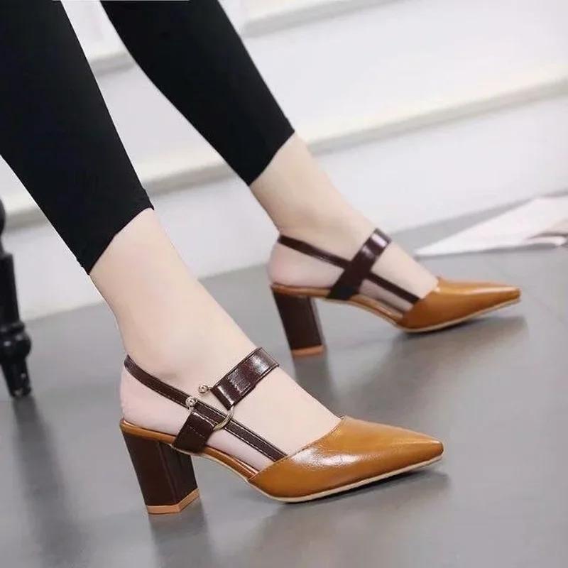 Fashion Women's Shoes Trend 2024 Shoe Genuine Leather Medium Heel Block Heels Mirror Luxury Designer Chunky Sandals Ladies Sexy Sandal