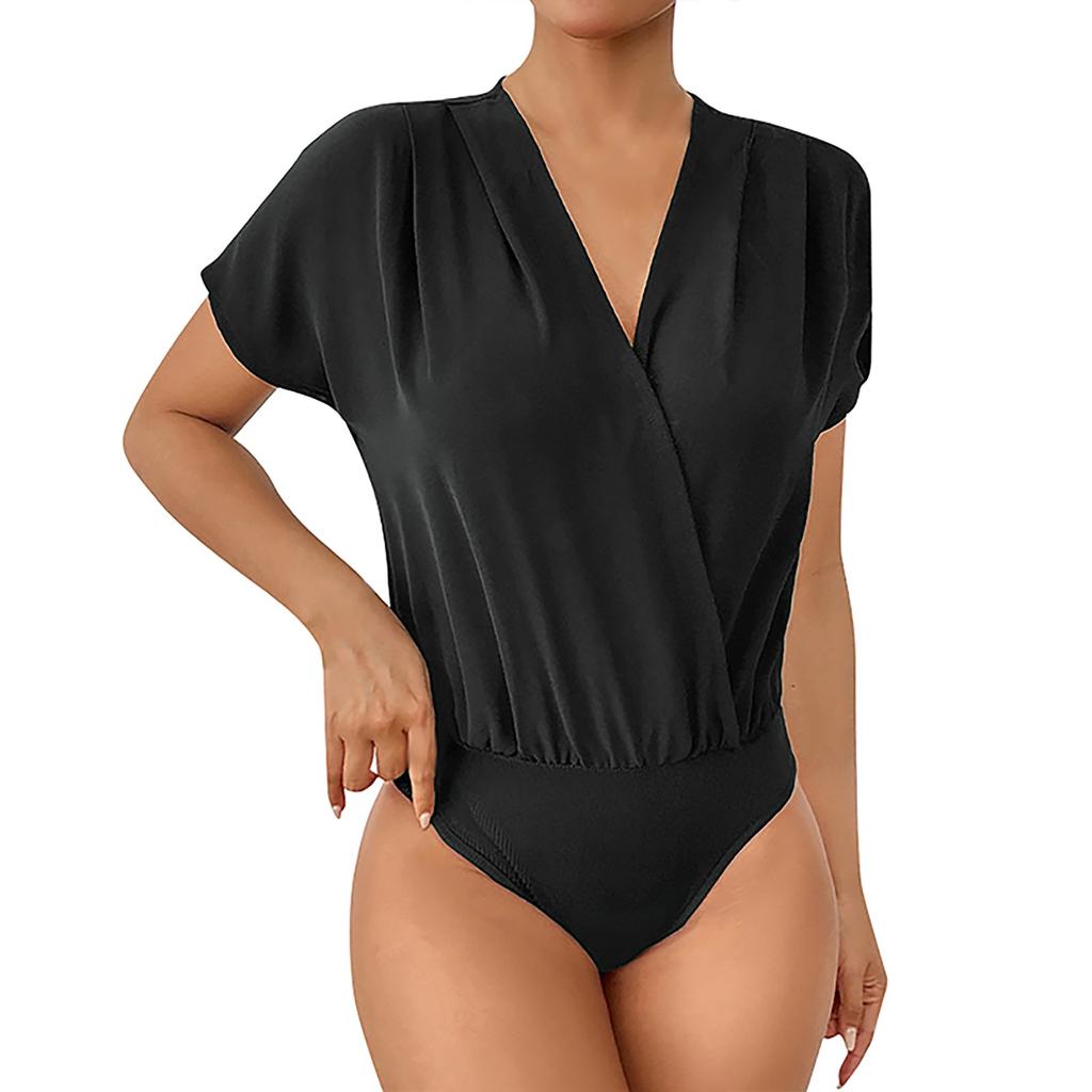 Women's Fashionable Casual Solid Color V-Neck Pleated Short-Sleeved Jumpsuit