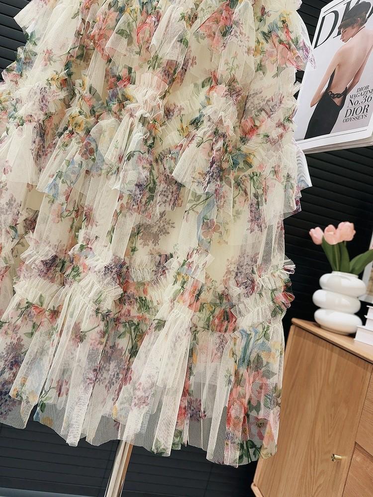 Dam Blommig Patchwork Mesh Puffig Kjol - Ny Europeisk & Amerikansk Stil