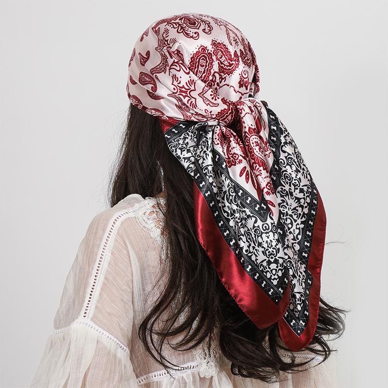 90*90cm Satin Square Scarf Women Hijab Paisley Cashew Print Silk Scarf Neckerchief Shawl Wraps Headband Hair Accessories Bandana