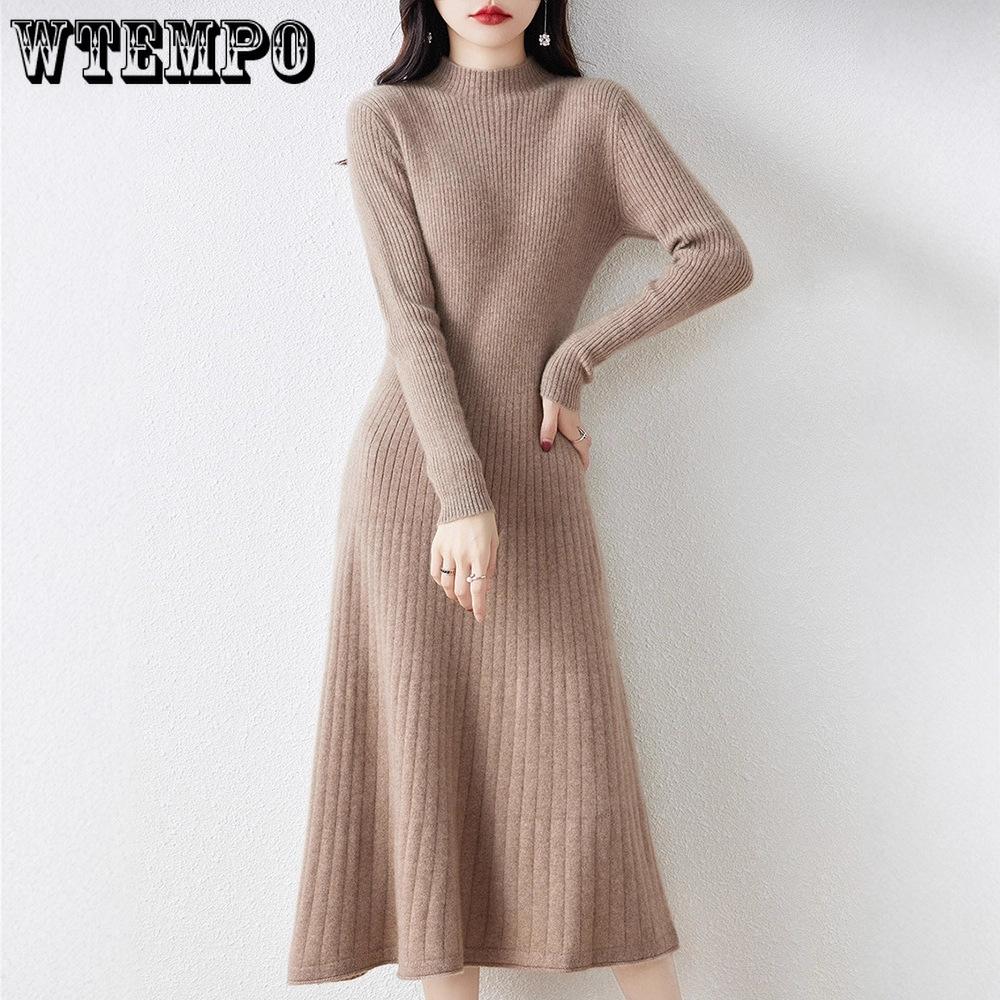 Slimming Mid-length Dress for Women Half Turtleneck Knitted Dress Solid Color A-line Sweater Dress for Autumn and Winter