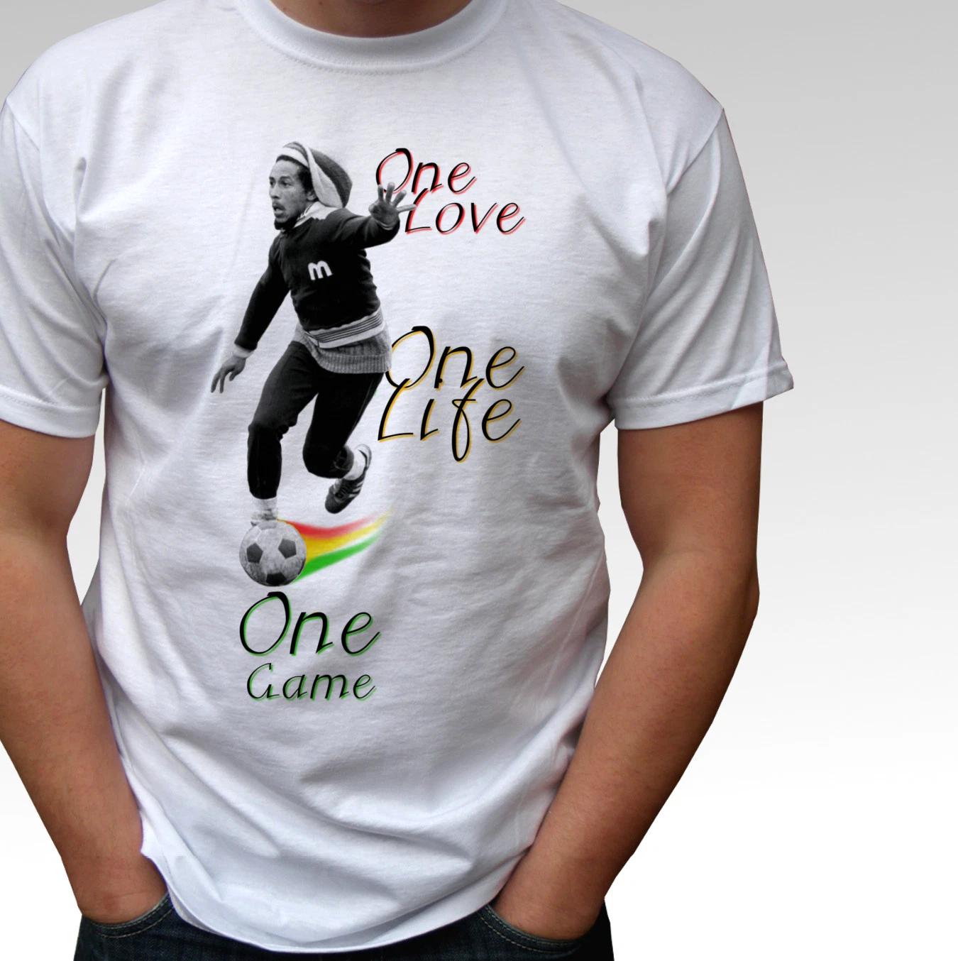 Bob Marley football white kids boys T-Shirt soccer rasta reggae top - s and kids sizes 130