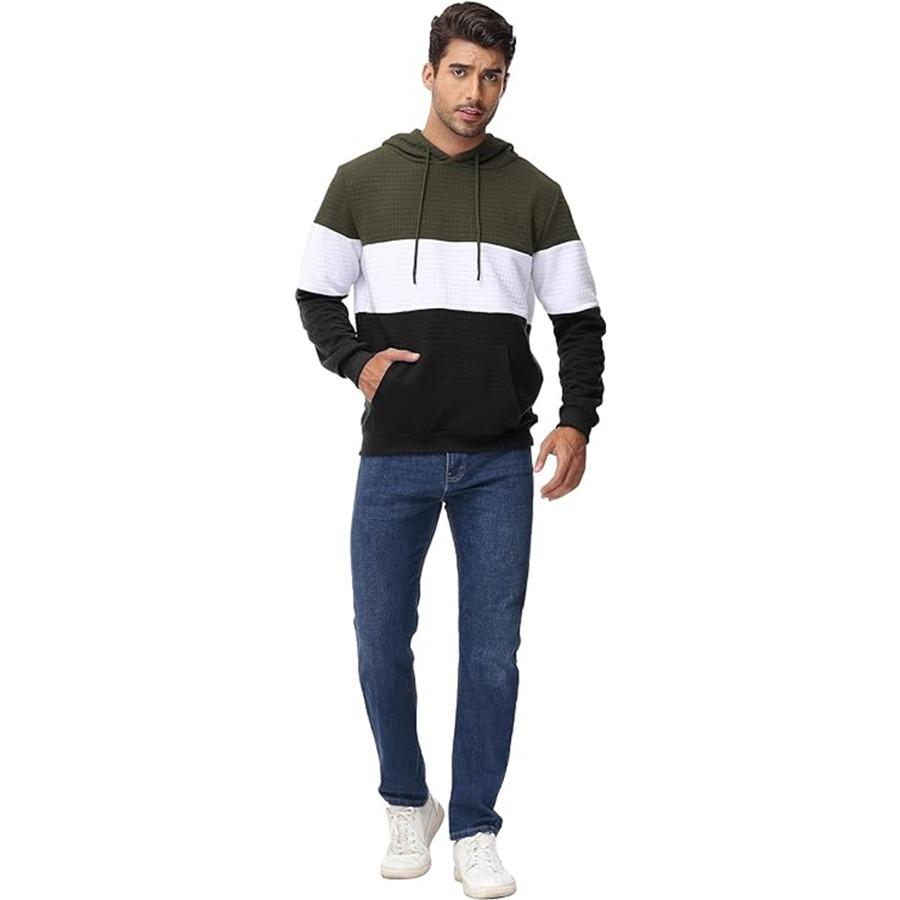 Large Size Men's Hooded Pullovers Checkered Color Blocking Sweatshirt Retro Jacquard Casual Sports Hoodie for Men