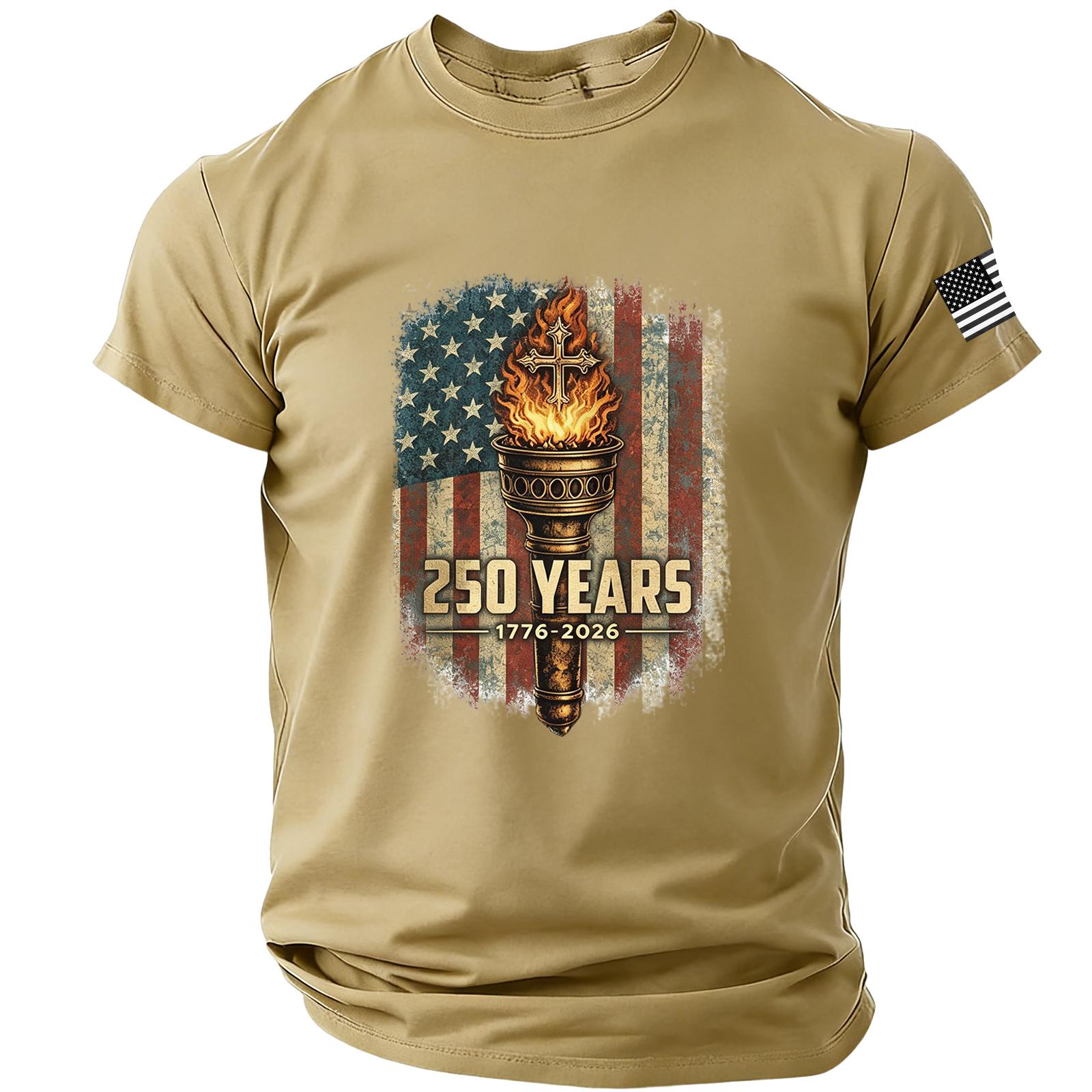 

Men’s Short Sleeve Crewneck T Shirt with Torch and Flag Print 250 Years 1776 2026 Lightweight Casual Fit Top XXXXL