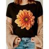Women's & Unisex Black Short Sleeve T-Shirt with Orange Dahlia Flower Print Crew Neck Casual Summer Blouse for Festival, Outdoor, Party Wear