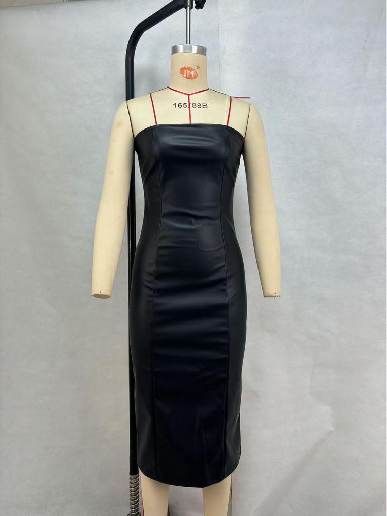 Evropské a americké dámské sexy šaty bez ramínek s rozparkem z PU kůže - Kolekce podzim/zima 2024