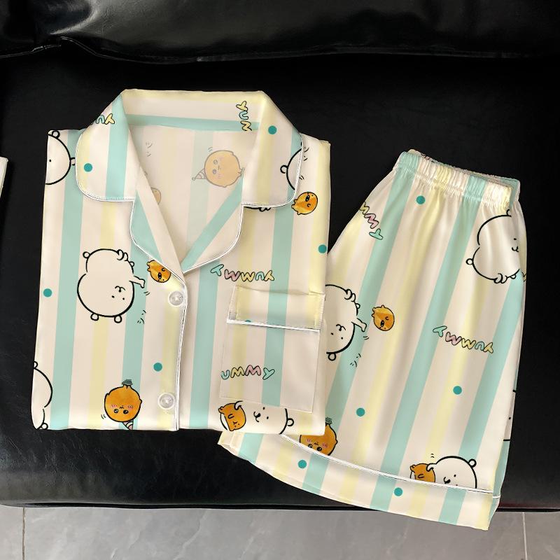 Little Fresh Self-Deprecating Bear Pajamas Women'S Summer Sweet Cartoon Striped Short-Sleeved Ice Silk Loungewear Suit