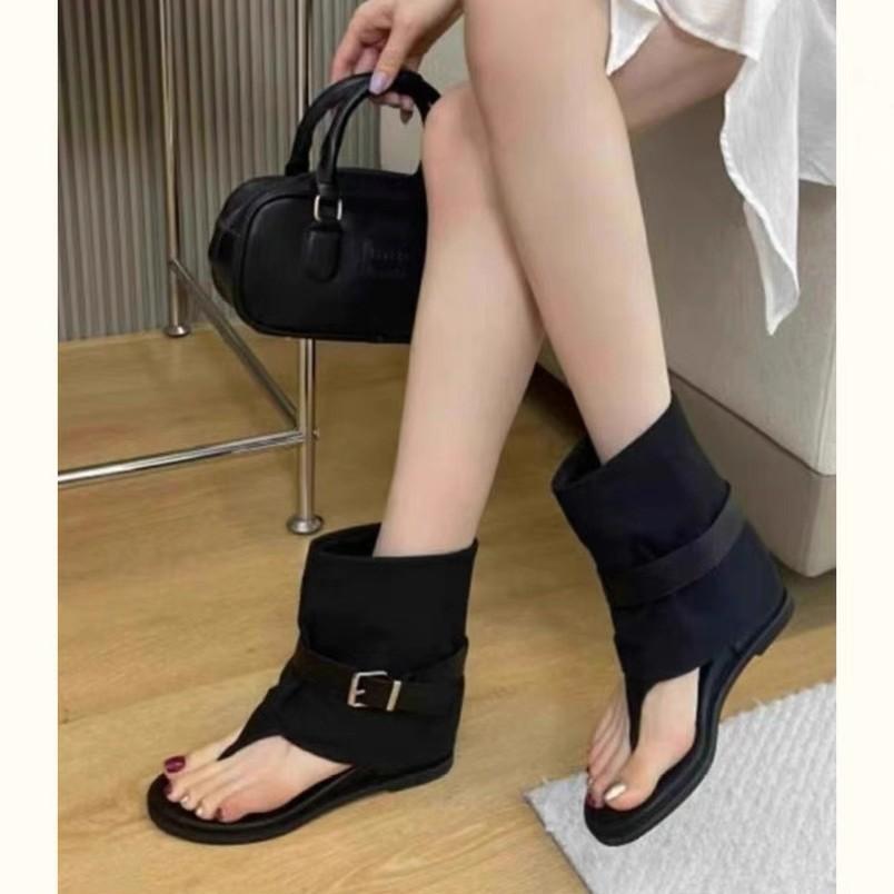 Sheepskin Version~ Retro European Station Toe Roman Cool Boots Women's Inner Height Increase Leather Pinch Sandals Women's Summer Versatile