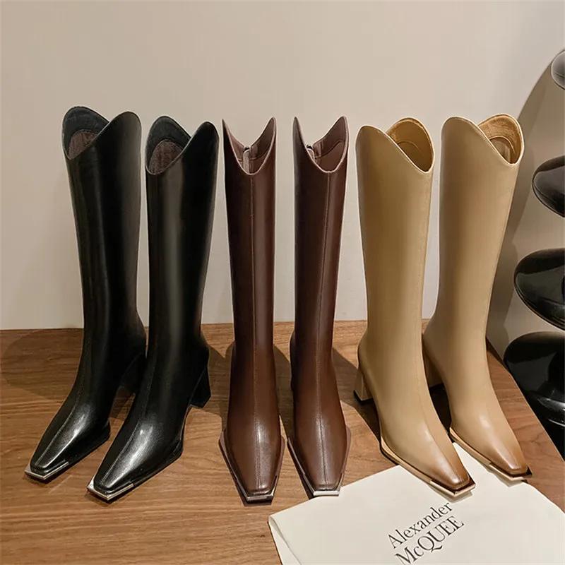 Fashion 2025 New Winter Knee-High Boots for Women Square Toe Knight Boots Split Leather Women Boots High Heels Concise Boots De Mujer