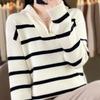 Autumn and winter new thickened striped turtleneck zipper women's long-sleeved knitted sweater lapel color strip pullover bottoming shirt