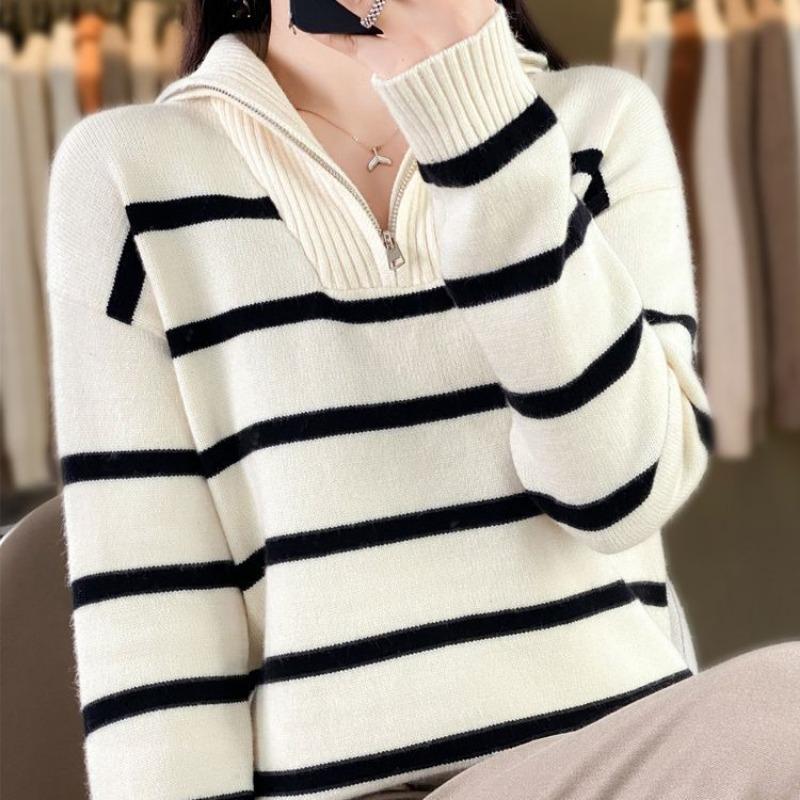 Autumn and winter new thickened striped turtleneck zipper women's long-sleeved knitted sweater lapel color strip pullover bottoming shirt