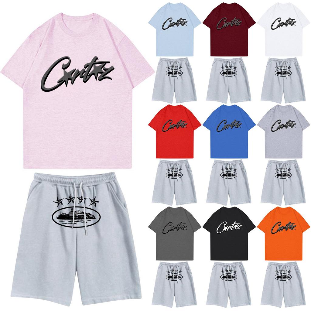 Unisex Jogging Set Summer Casual Printed Round Neck Short Sleeve T-Shirt + Shorts Set Sports Suit