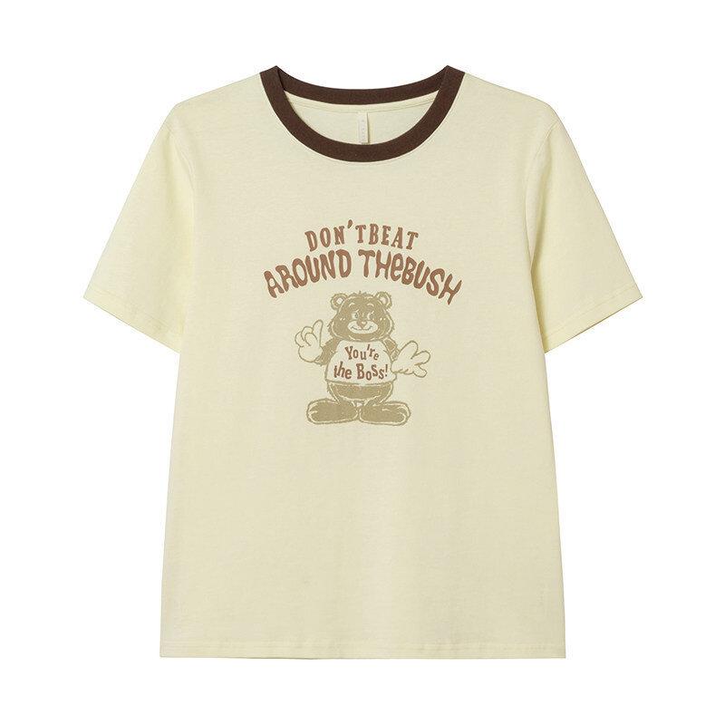 Women's Crew Neck Contrast Trim Short Sleeve Tee Loose Fit Cartoon Bear Graphic Print Cotton Casual Summer Streetwear Top