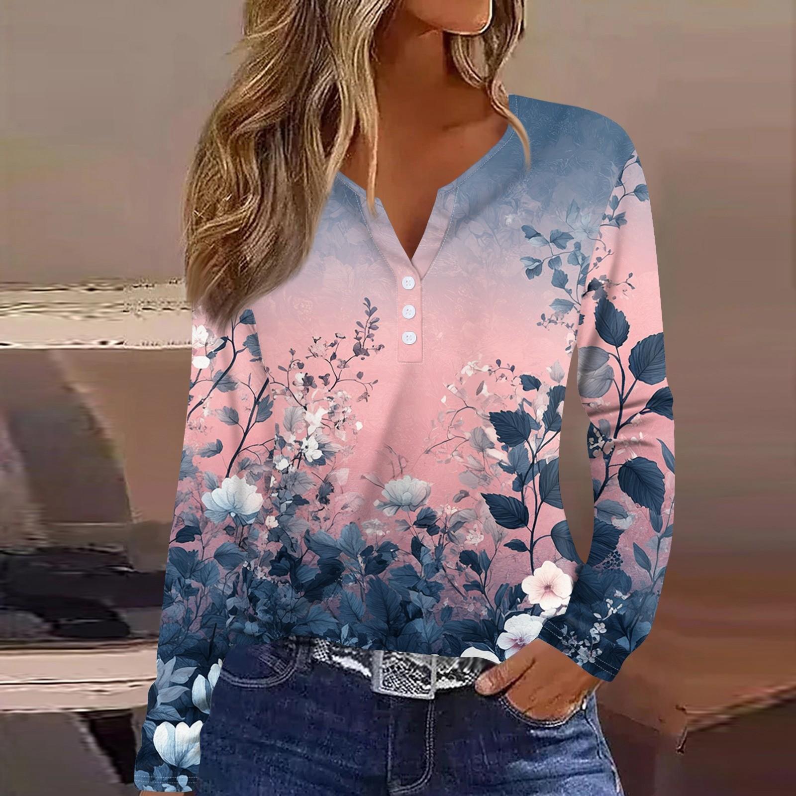 

Жен. Футболка Футболка С принтом Пуговицы Длинный рукав Повседневные Выходные Мода Классический V-образный вырез Обычный Верх XL