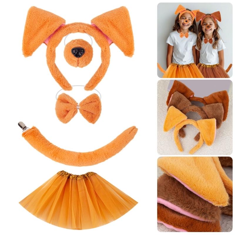Dog Costumes for Kids Girls Halloween Animal Cosplay Accessories with Dog Ears Headband Tail Tutu Skirts Set