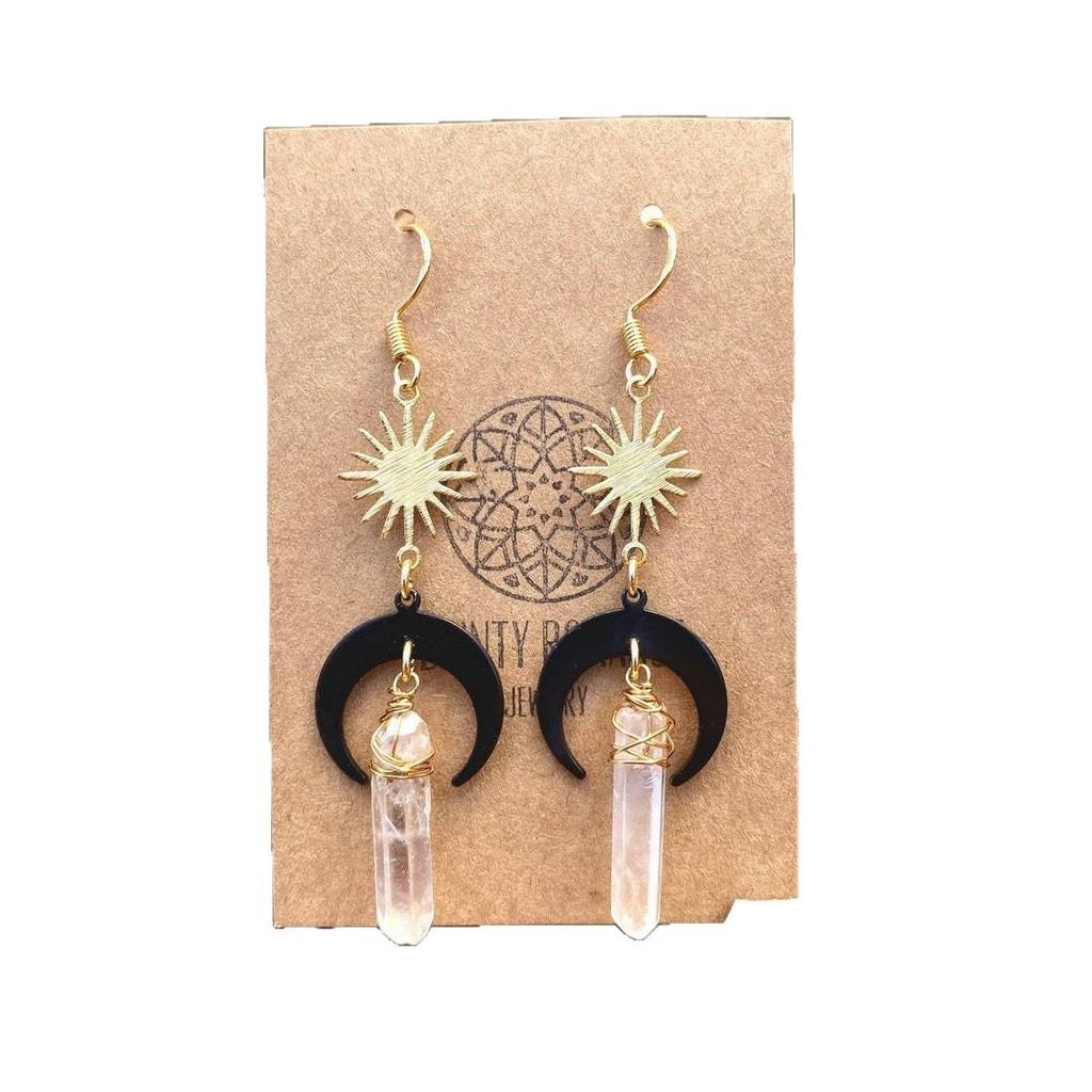 Bohemian Moon Black Quartz Crystal Earrings With Electroplated Alloy For Women And Men