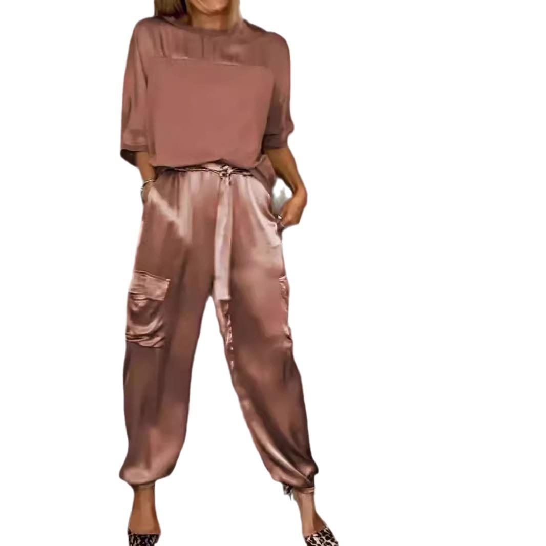 

Spring Women s Fashionable Smooth Satin Half Sleeve Top With Strap Pants Pocket Set Half Sleeve Pants Two Piece Set S темно-коричневого кольору