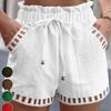 Women's Cotton Linen Shorts Solid Color Thin Hollow Out Design Tight Waist Beachwear Pants with Pocket White