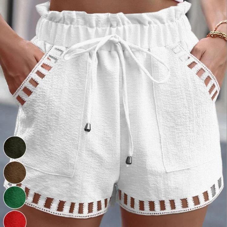 Women's Cotton Linen Shorts with Pocket Solid Color Thin Hollow Out Design Tight Waist Beachwear Pants White