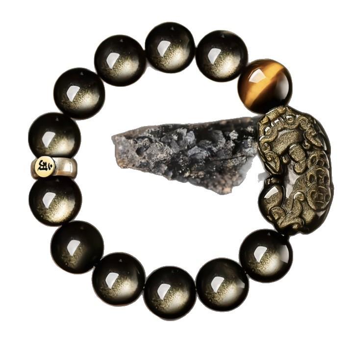 Gold Obsidian Pixiu Men's Bracelet - Year of the Horse Wealth Charm & Gift for Bestie/Boyfriend