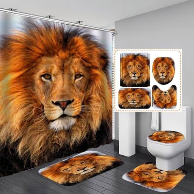 4 ks Sady sprchových závěsů řady Lion do koupelny Protiskluzové koupelnové koberečky Víko WC kryt Koupelnová předložka