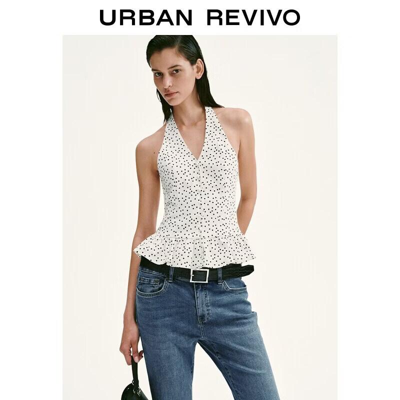 UR2026 Women s Polka Dot Halter Tank Top with Ruffle Hem XS