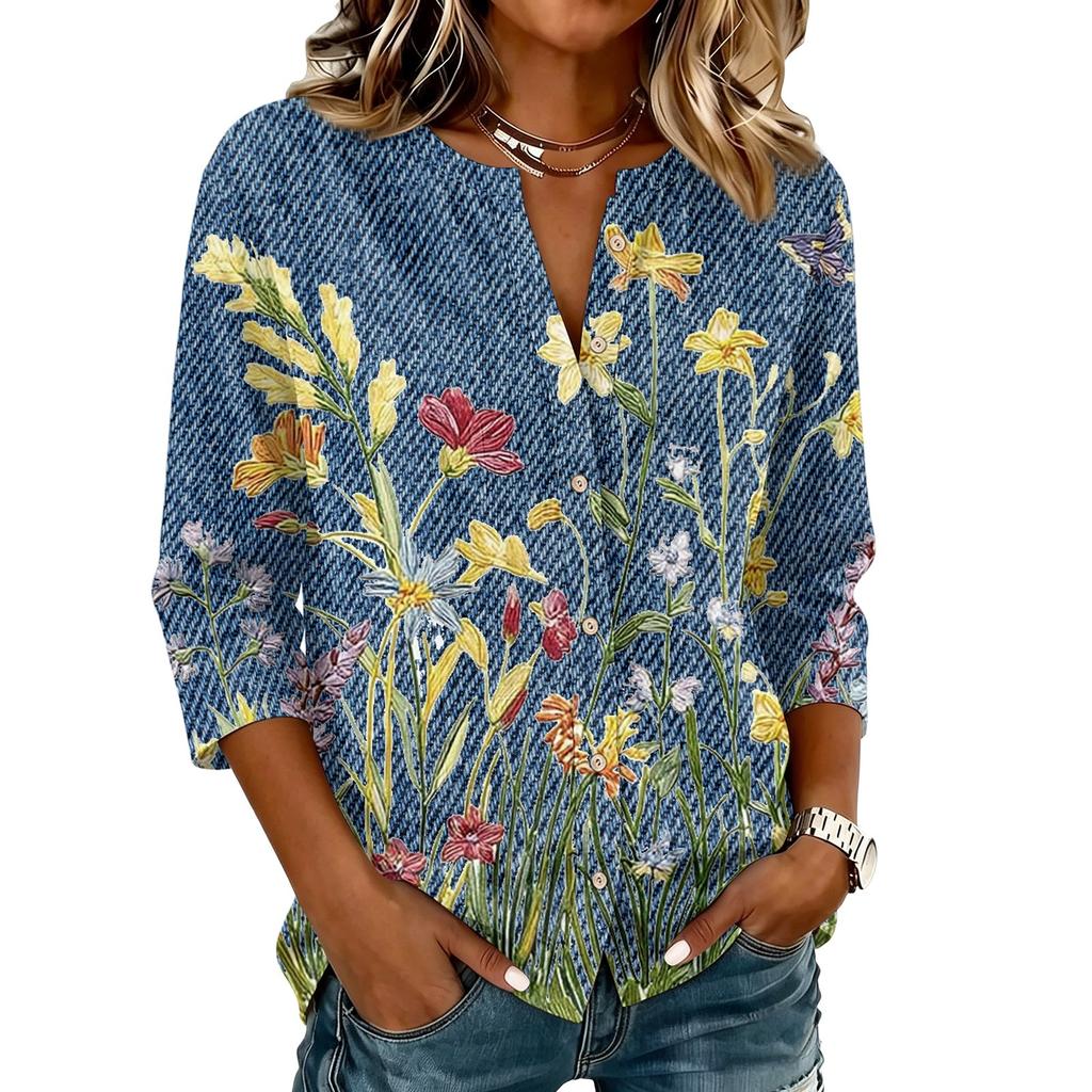 Women Vintage Floral Print Henley Button Neck Three Quarter Sleeve Linen Cotton Blouse Casual Loose Fit Shirt