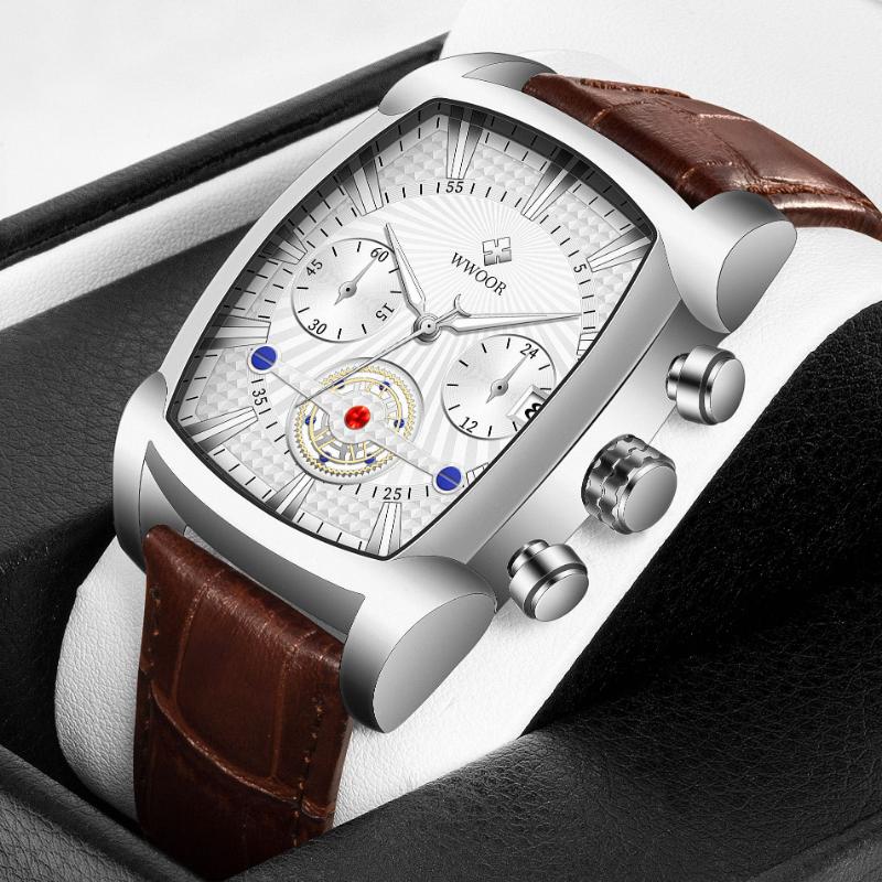 WWOOR Lederarmbanduhr Business New Concept Herrenarmbanduhr Wasserdicht Leuchtende Nadel Quarzuhr