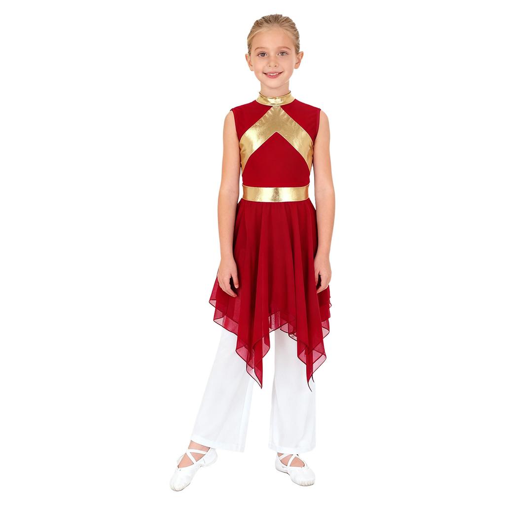 Praise Dance Costume for Kids Girls: Asymmetrical Sleeveless Metallic Dress & Comfortable Wide-Leg Pants with Elastic Waist
