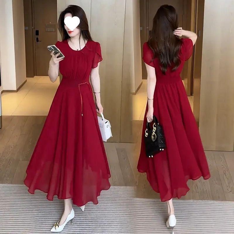 National Style Temperament Dress Women, New Summer Fashion Foreign Style Waist Thin Knee Chiffon Long Skirt