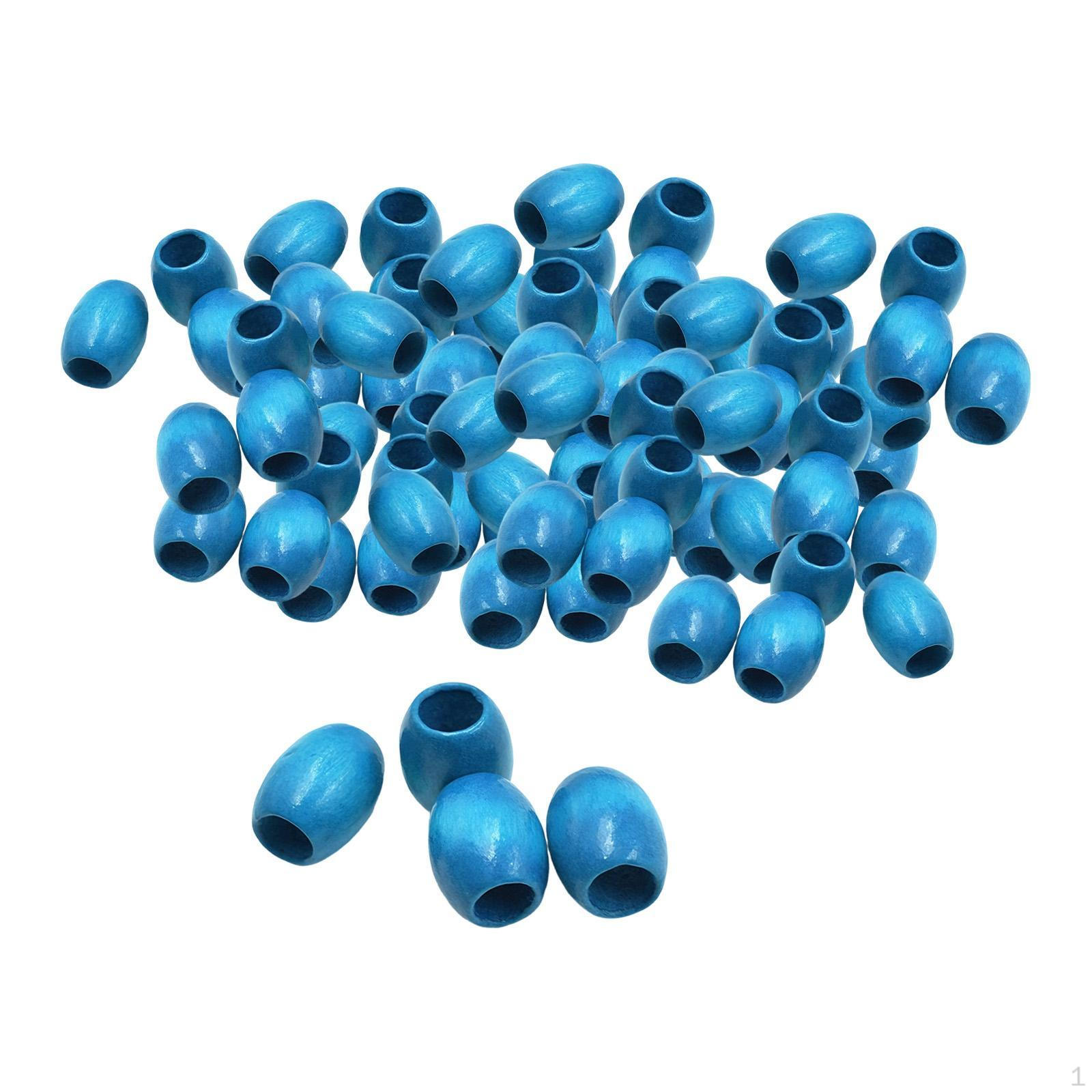 

100Pcs Oval Wood Beads Barrel with Large Hole Spacer Loose Bead for Charms Project Macrame Blue