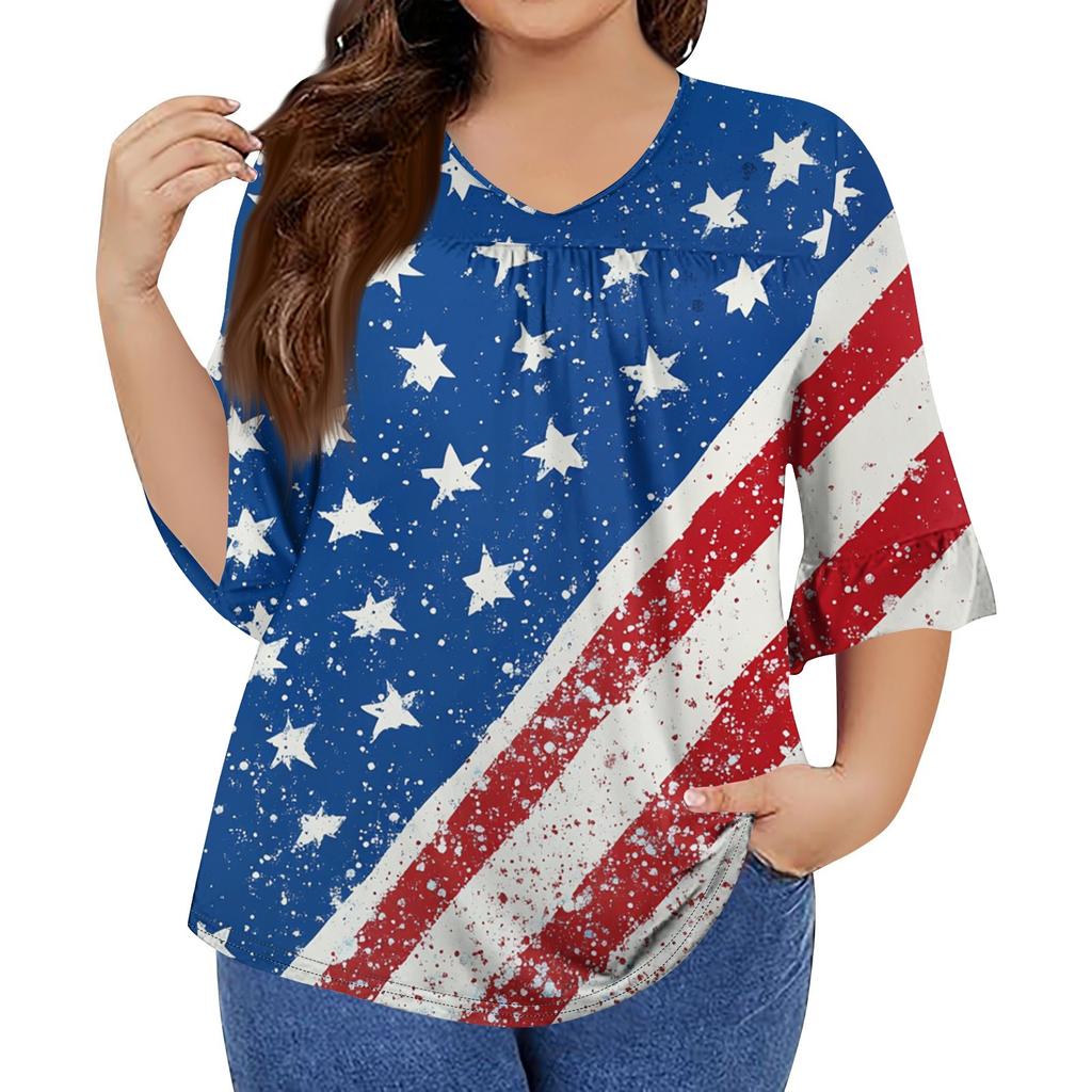 Women's Fashion Casual V-Neck Seven Sleeve Ruffle Sleeve Independence Day Printed T-Shirt Tops Plus Size Women's