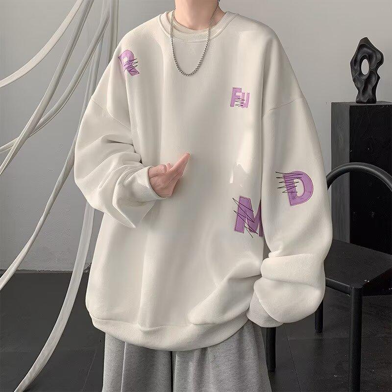 Men's High-End Embroidered Round Neck Hoodie - Autumn/Winter, Loose Fit, Plus Velvet, Couple Wear