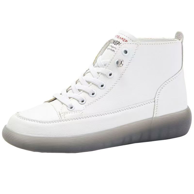 Woman's Spring Autumn New Leather High Top Casual Board shoes Flat Sole Round Toe Lightweight Non Slip Lace Up Little White Shoe