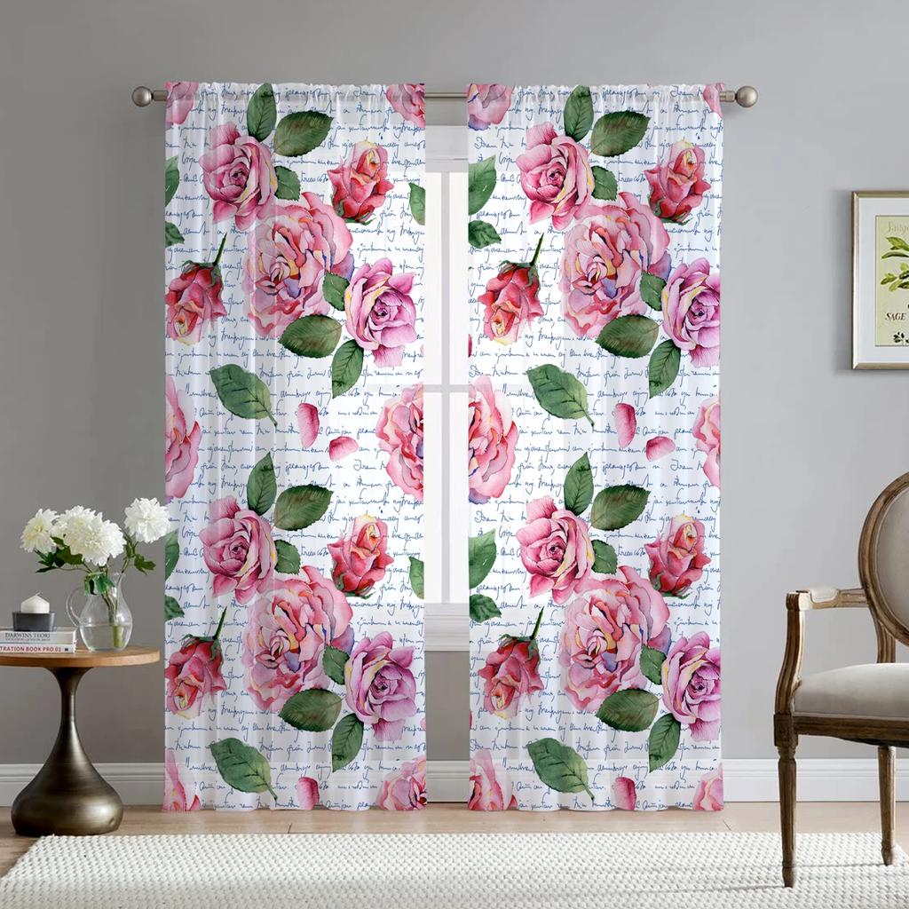 Romantic Rose Floral Yellow Flowers Voile Curtain Living Room Home Kitchen Green Leaves Butterfly Window Tulle With Sheer Polyester Perfect For