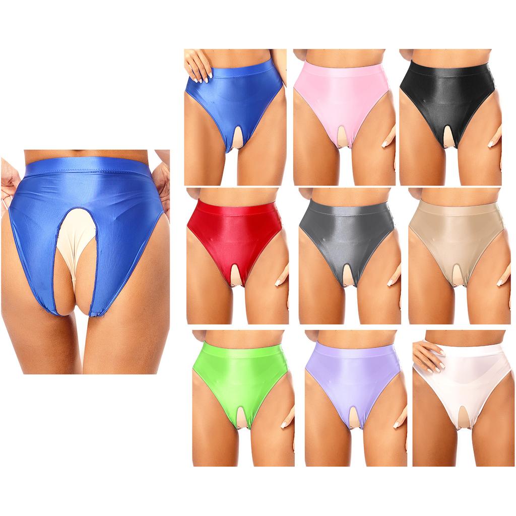 Womens Glossy Stretchy Panties High Waist Open Crotch Design Elastic Waist Sexy Underwear Lingerie