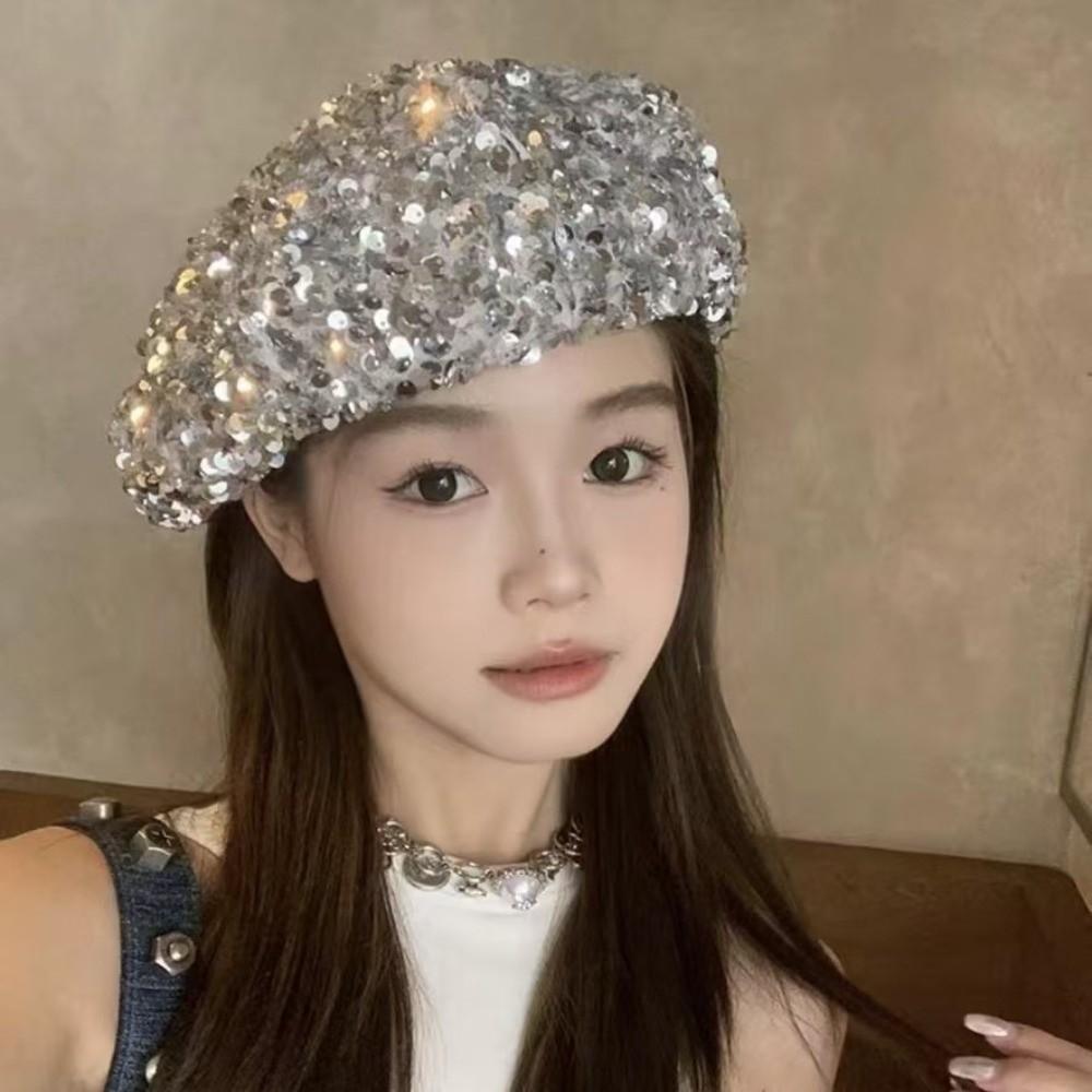Retro Fashion Painter Hat Sparkling Lady Octagonal Cap Leisure Glitter Sequin Beret Party