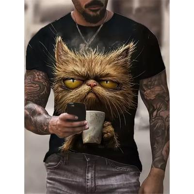Men's T-Shirt Cartoon Cat Printed Pattern Breathable Summer Outdoor T-Shirt Short Sleevelarge Size Loose Men's T-Shirt Casual