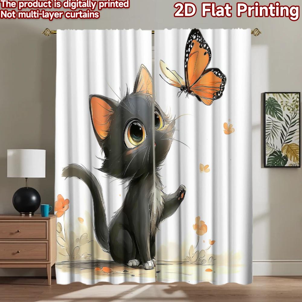 2D flat printing 2pcs Curtains Black Cat Butterfly Cute Digital Printed Polyester Drapes Festive Holiday Use for Holiday Parties