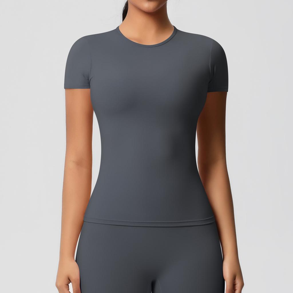 Solid color double-sided abraded tight sports short-sleeved T-shirt sports running fitness yoga clothes top women
