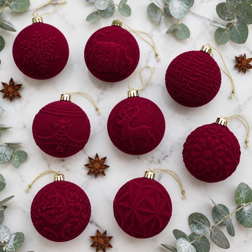Break-Resistant Velvet Christmas Hanging Balls 8 CM Red Tree Hangable Bauble Set Indoor Decor