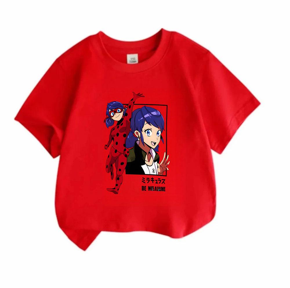 Kids Boys Girls 100% Cotton Crew Neck Short Sleeve T-Shirt, Cute Cartoon Ladybug Anime Character Print Casual Soft Tees for Daily Wear Outing Gift for