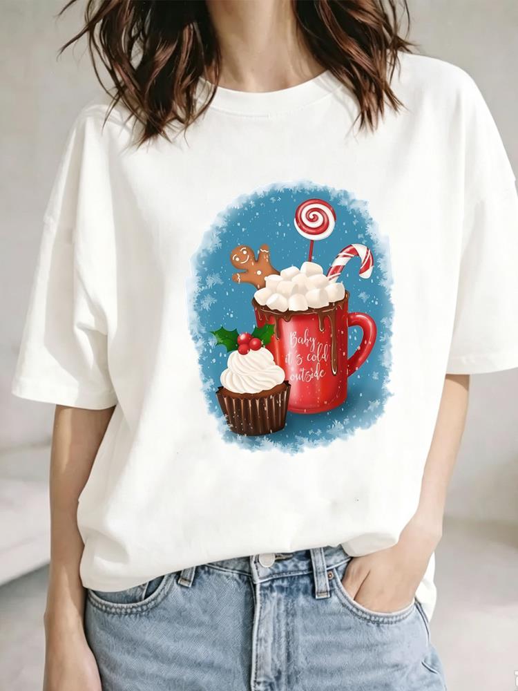 (Asian Size) watercolor sweet cute Christmas Festival Tee Clothing New Year T Shirt Women Fashion Top Print Woman Short Sleeve Graphic T-shirts