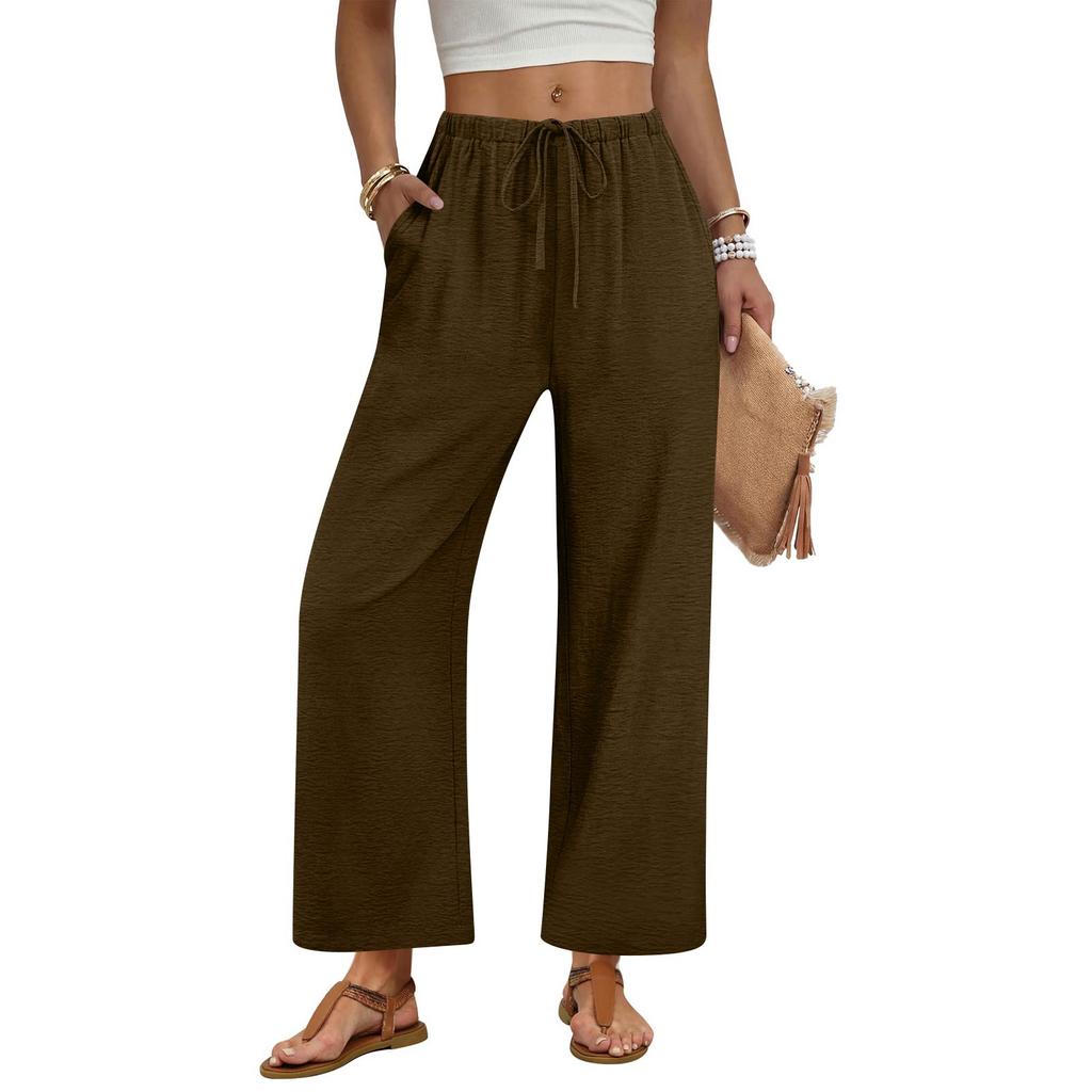 Women's Fashionable Wide-Leg Drawstring Pocket Plain Loose-Fit Cropped Casual Trousers